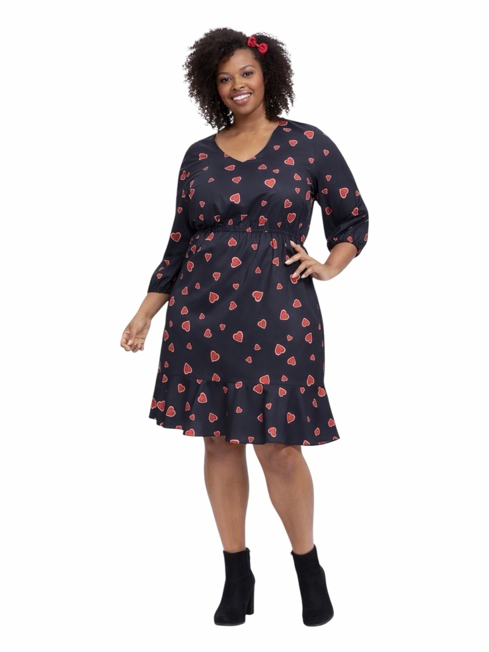 Hutch Heart Print Knee Length Fit & Flare Black Office Party Matte Satin Dress